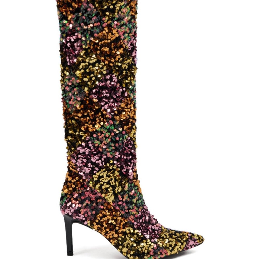 AZALEA WANG JIMENA MULTI GOLD SEQUIN KNEE HIGH STILETTO BOOT - 10